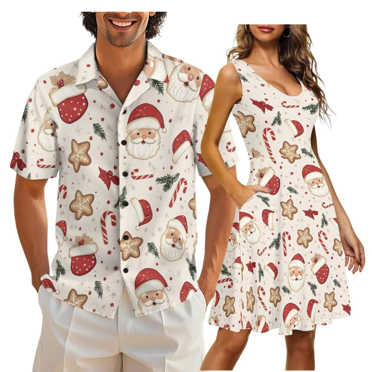 Cozeyat Matching Hawaiian Outfits for Couples Mens Button Up Polos Shirt and Women Sleeveless Sundress with Pockets