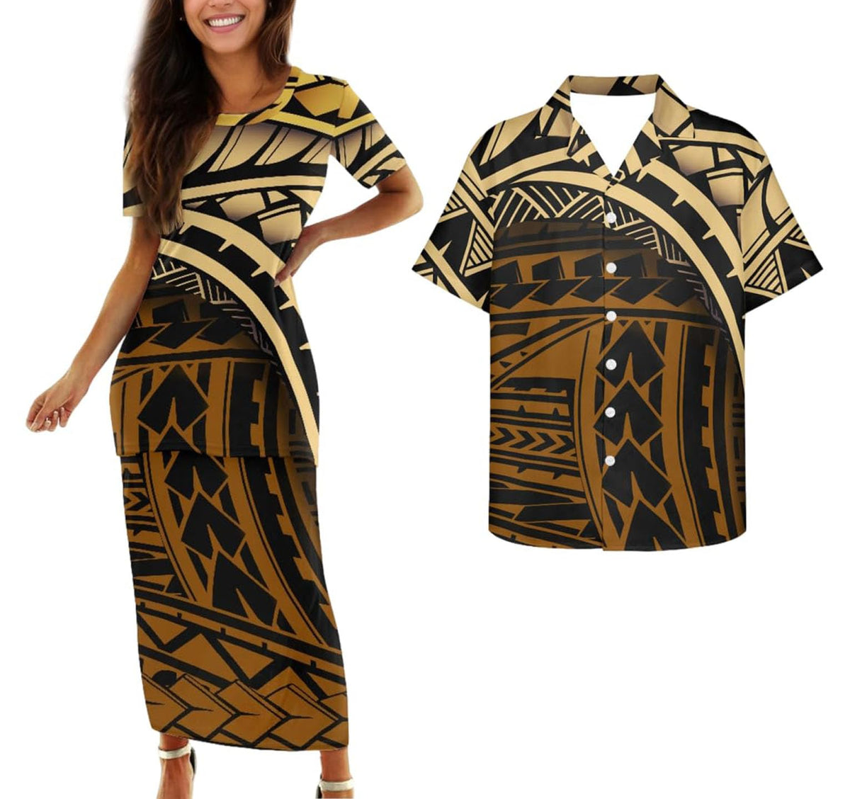 Samoa Couple Outfit Polynesian Dress for Women Traditional Puletasi Shirts for Men Beach Lava Lava Luau