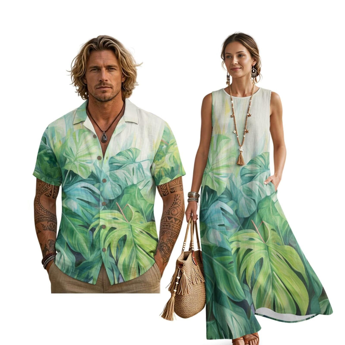 Women's Summer Dresses Sleeveless Sundresses, Men's Button Down Short Sleeve Shirts, Linen Couple Matching Outfits