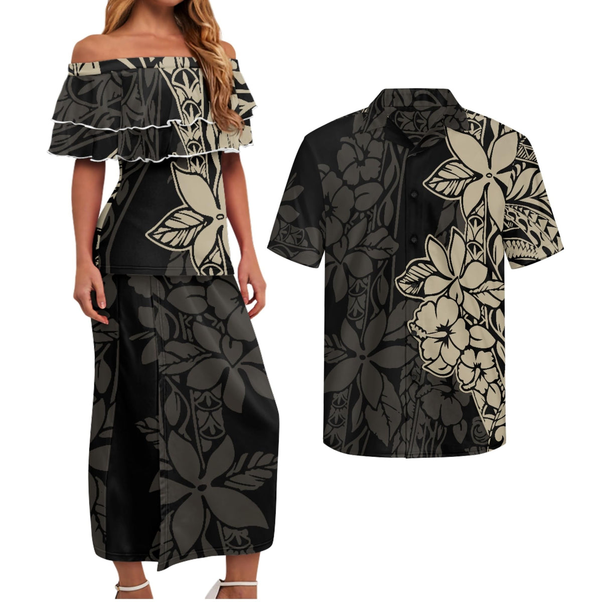 Polynesian Couples Matching Outfits Short Sleeve Puletsai Samoan Traditional Dress & Man Shirts