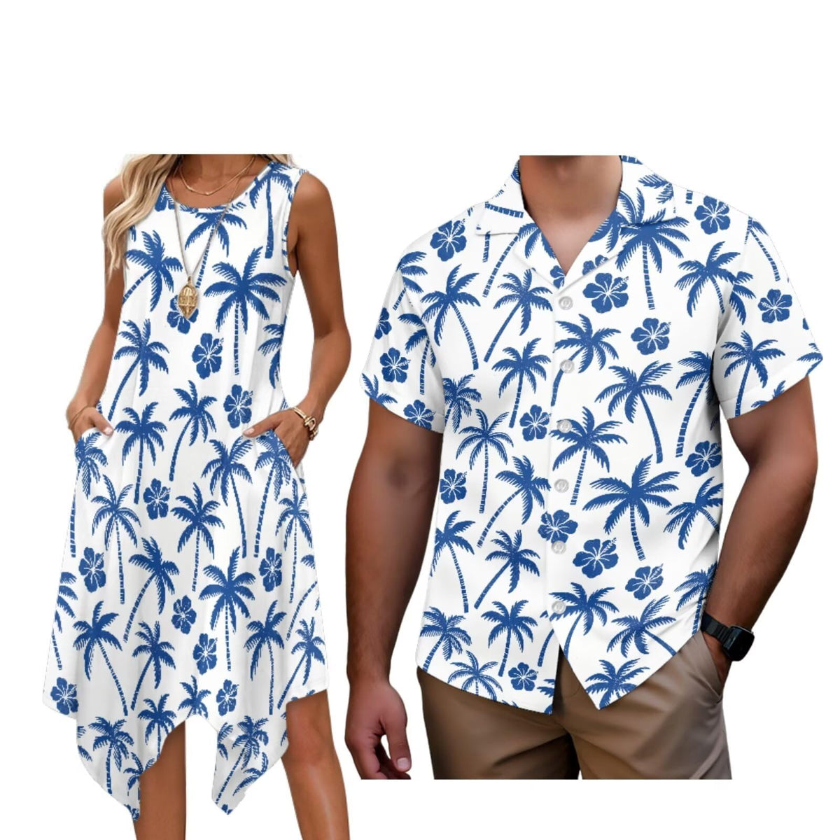 Matching Hawaiian Outfits for Couples Womens Asymmetrical Midi Dress Mens Beach Shirts Short Sleeve Button Up Shirt
