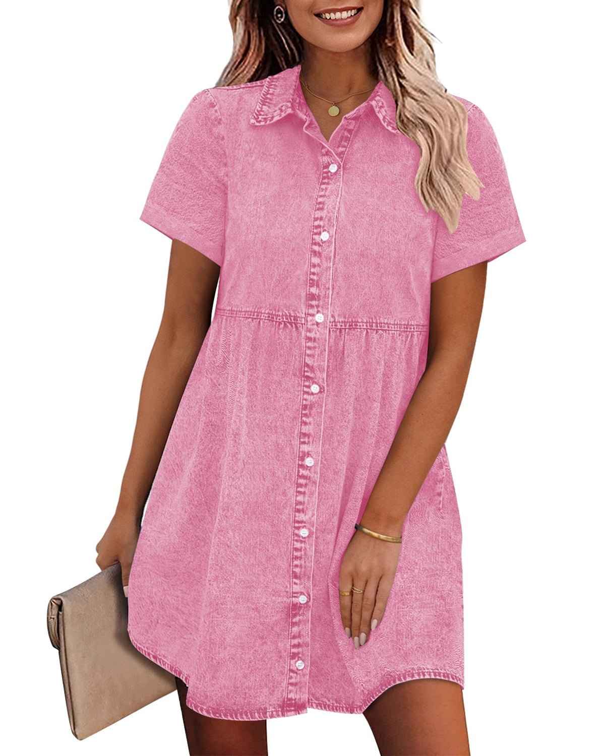 GRAPENT Denim Dress for Women Babydoll Tiered Short Sleeve Button Down Jean Shirt Dresses