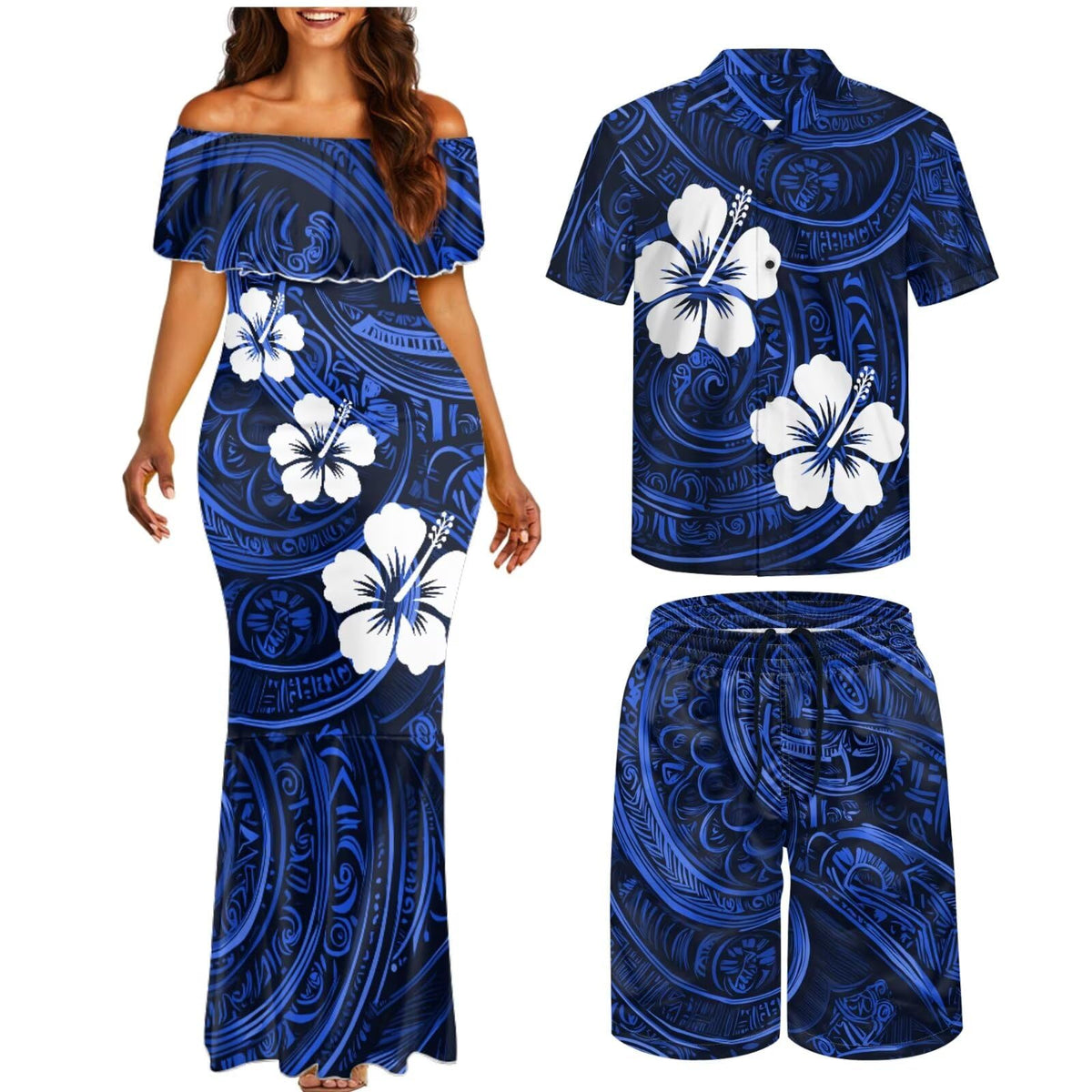 Matchable Couple Hawaiian Polynesian Puletasi Samoa Womens Dress with Mens Shirt and Mens Shorts Couple Set