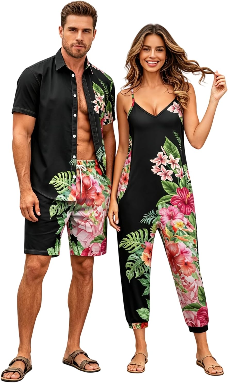 Matchable Couple Hawaiian Luau Men Shirt or Women V-Neck Jumpsuit