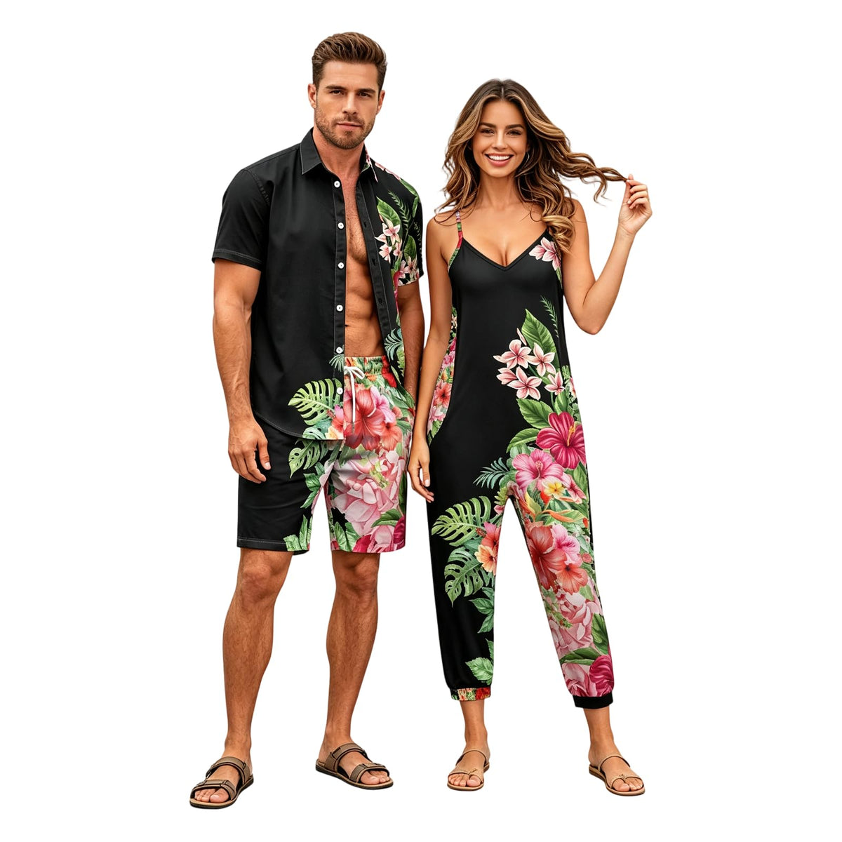Matchable Couple Hawaiian Luau Men Shirt or Women V-Neck Jumpsuit