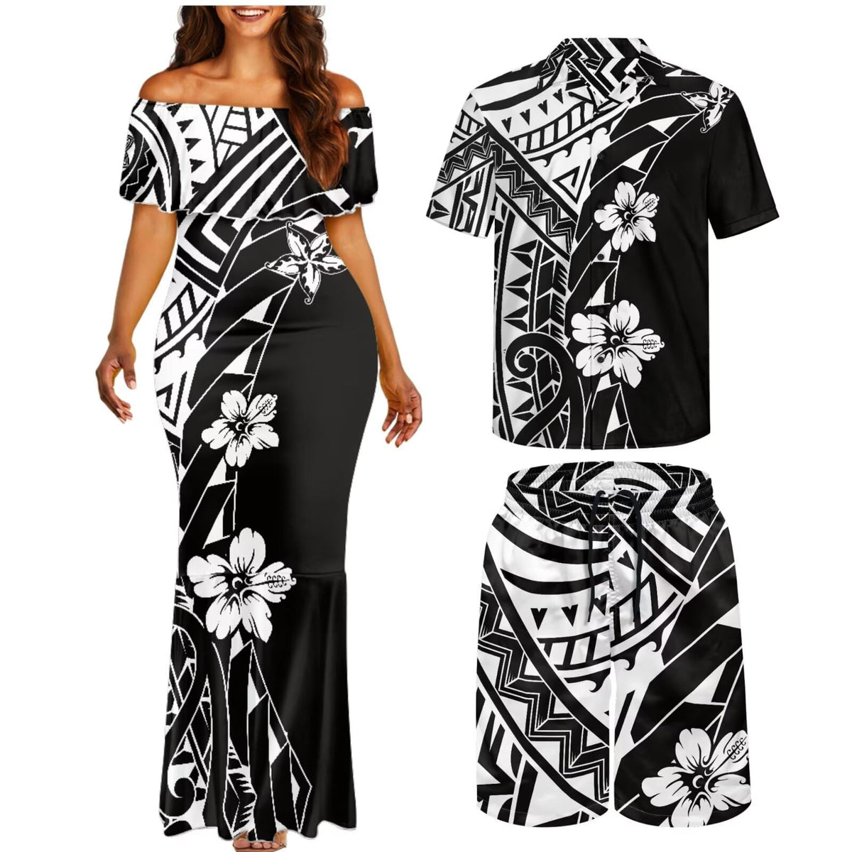 Matchable Couple Hawaiian Polynesian Puletasi Samoa Womens Dress with Mens Shirt and Mens Shorts Couple Set