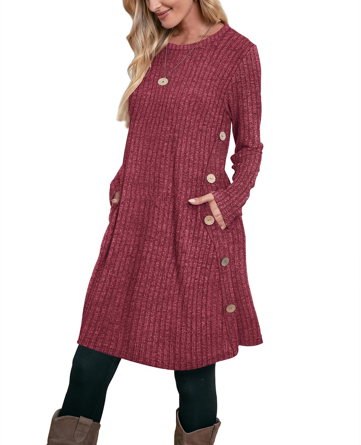 OFEEFAN Fall Dresses for Women 2026 Crew Neck Long Sleeve Dress with Pockets