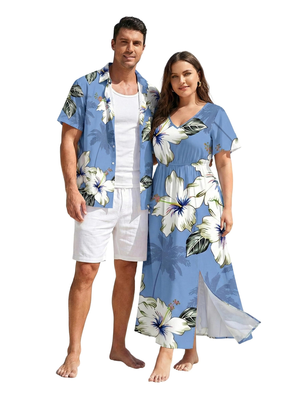 Matchable Couple Hawaiian Sea Beach Starfish Turtle Shell Print Shirt or Plus Size Midi Split A Line Dress