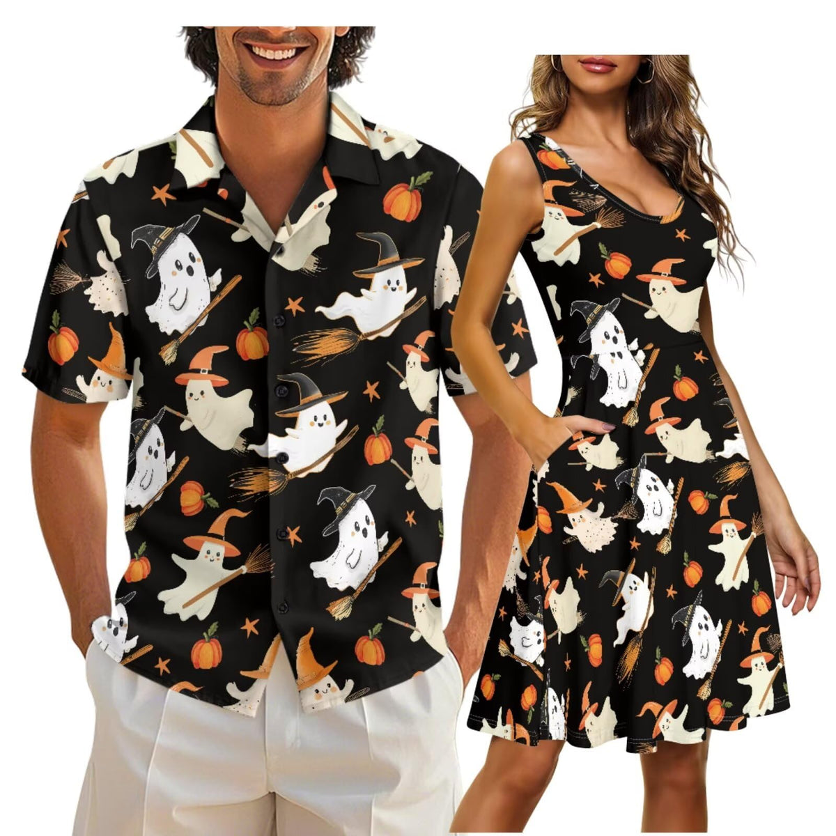 Cozeyat Matching Hawaiian Outfits for Couples Mens Button Up Polos Shirt and Women Sleeveless Sundress with Pockets