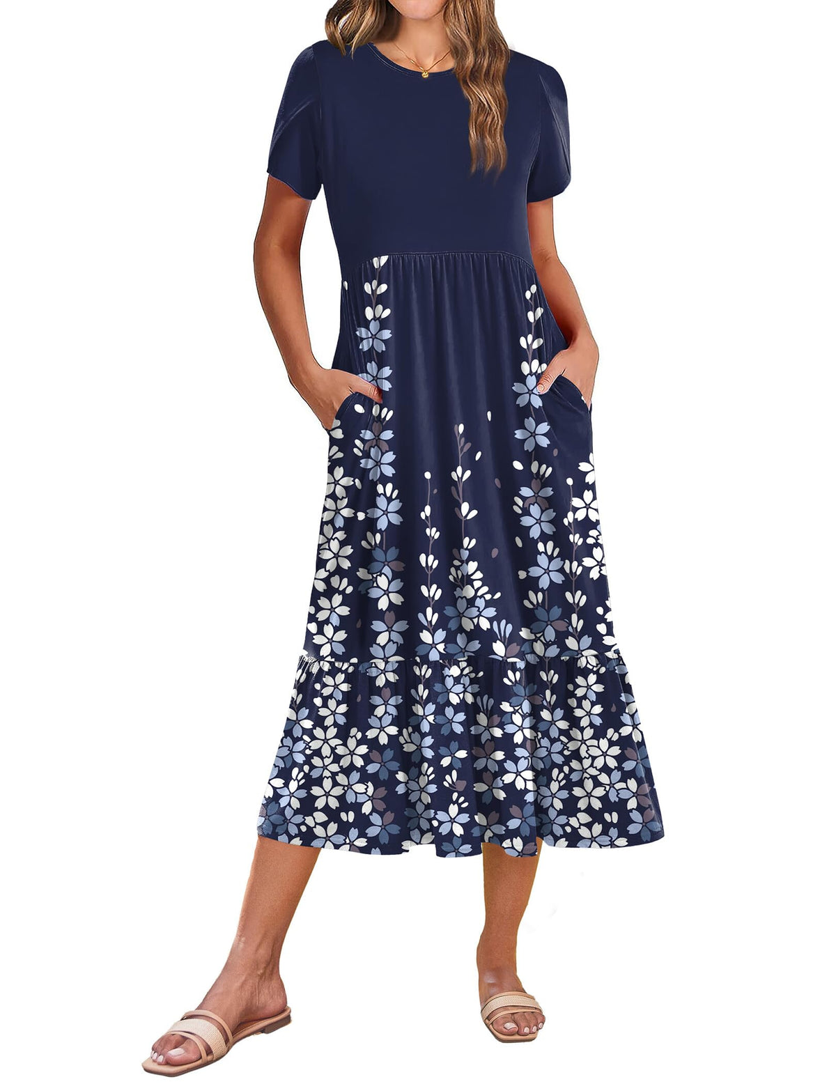 Zeagoo Women Summer Midi A Line Dress Short Sleeve Casual Flowy Tiered Beach Long Sundress with Pockets 2026 Vacation Travel