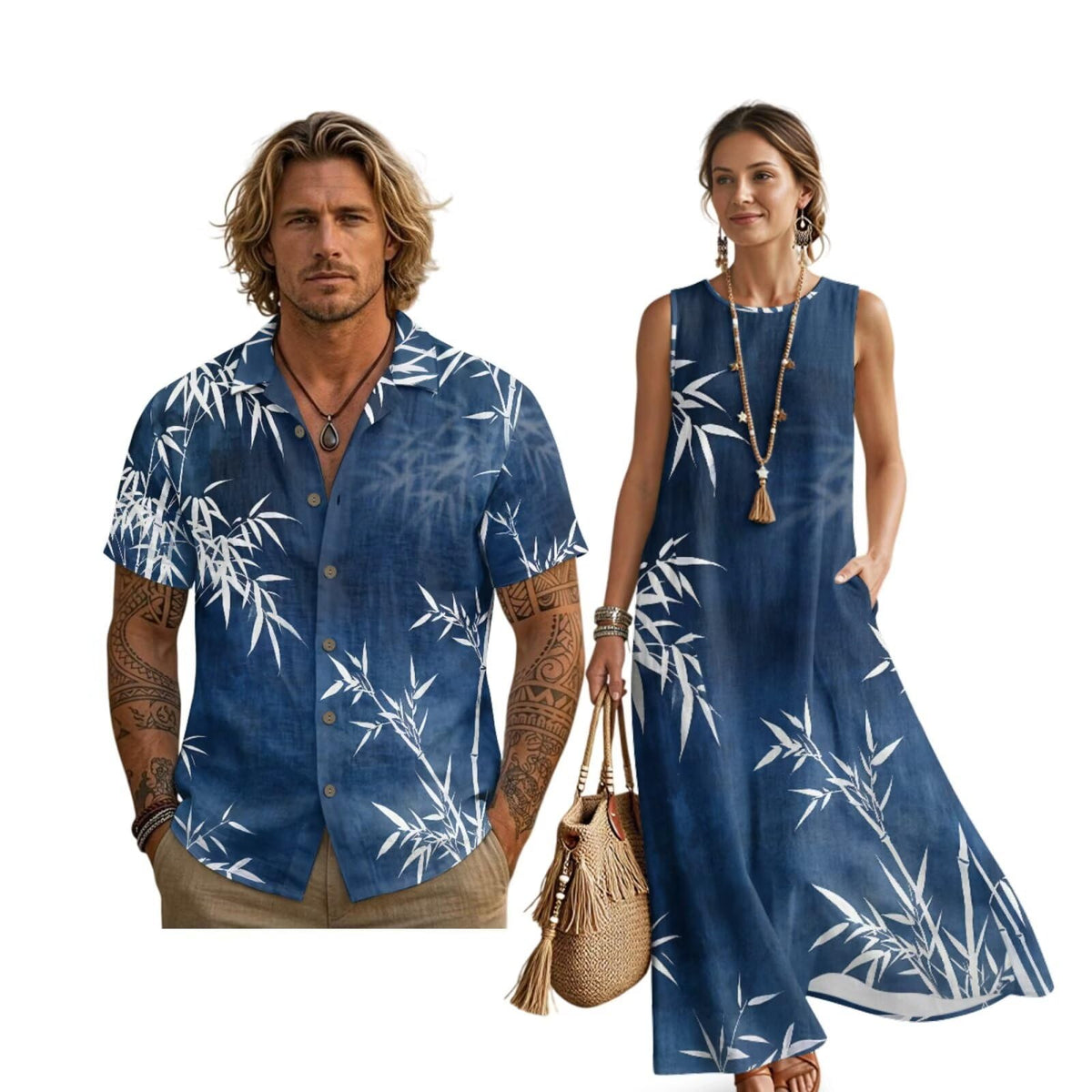 Women's Summer Dresses Sleeveless Sundresses, Men's Button Down Short Sleeve Shirts, Linen Couple Matching Outfits