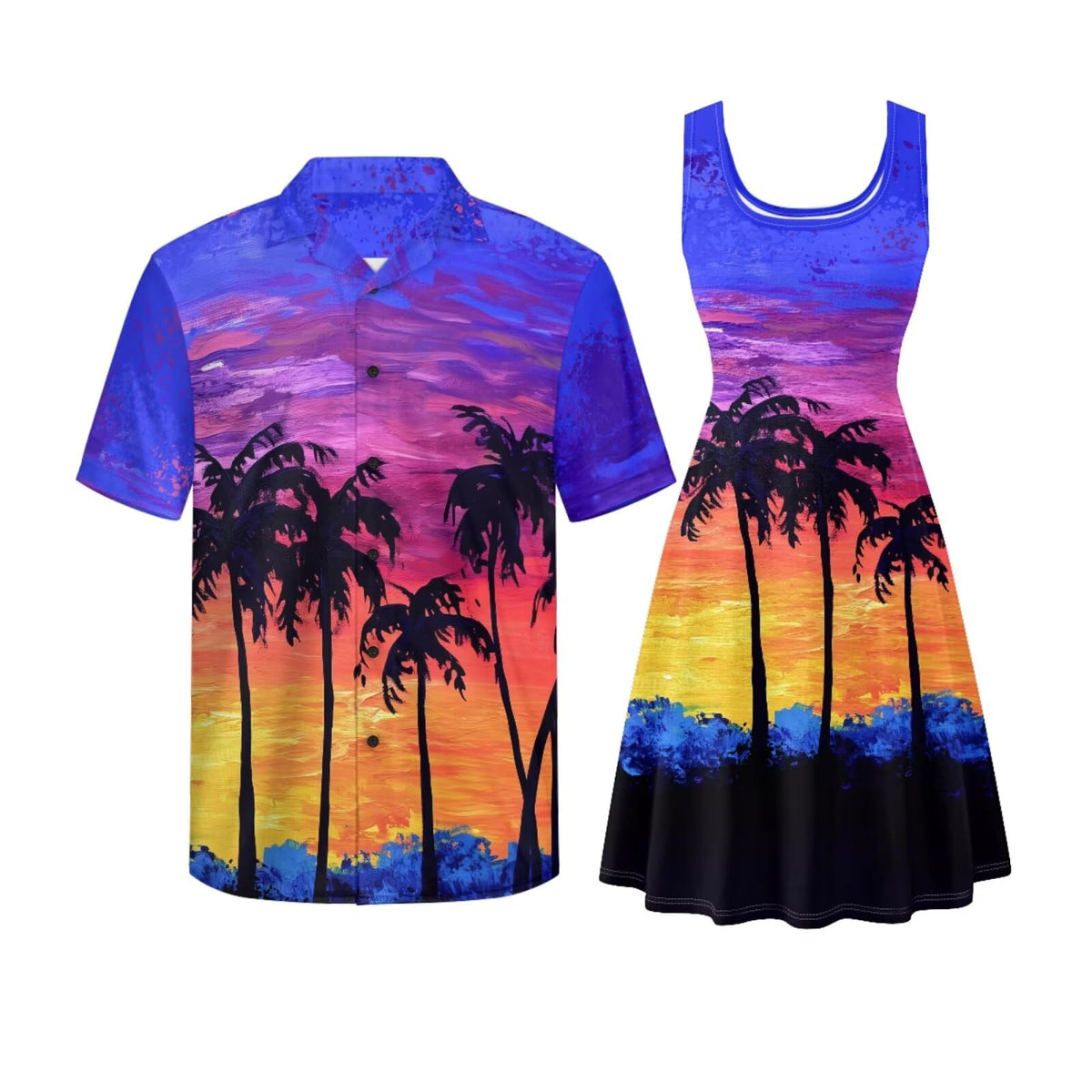 Gomyblomy Matching Hawaiian Outfits for Couples Vacation Tropical Floral Women Dress Mens Shirts His and Hers Clothing