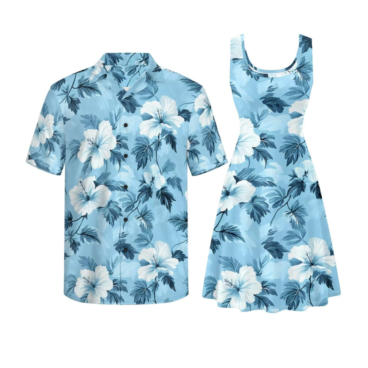 Gomyblomy Matching Hawaiian Outfits for Couples Vacation Tropical Floral Women Dress Mens Shirts His and Hers Clothing