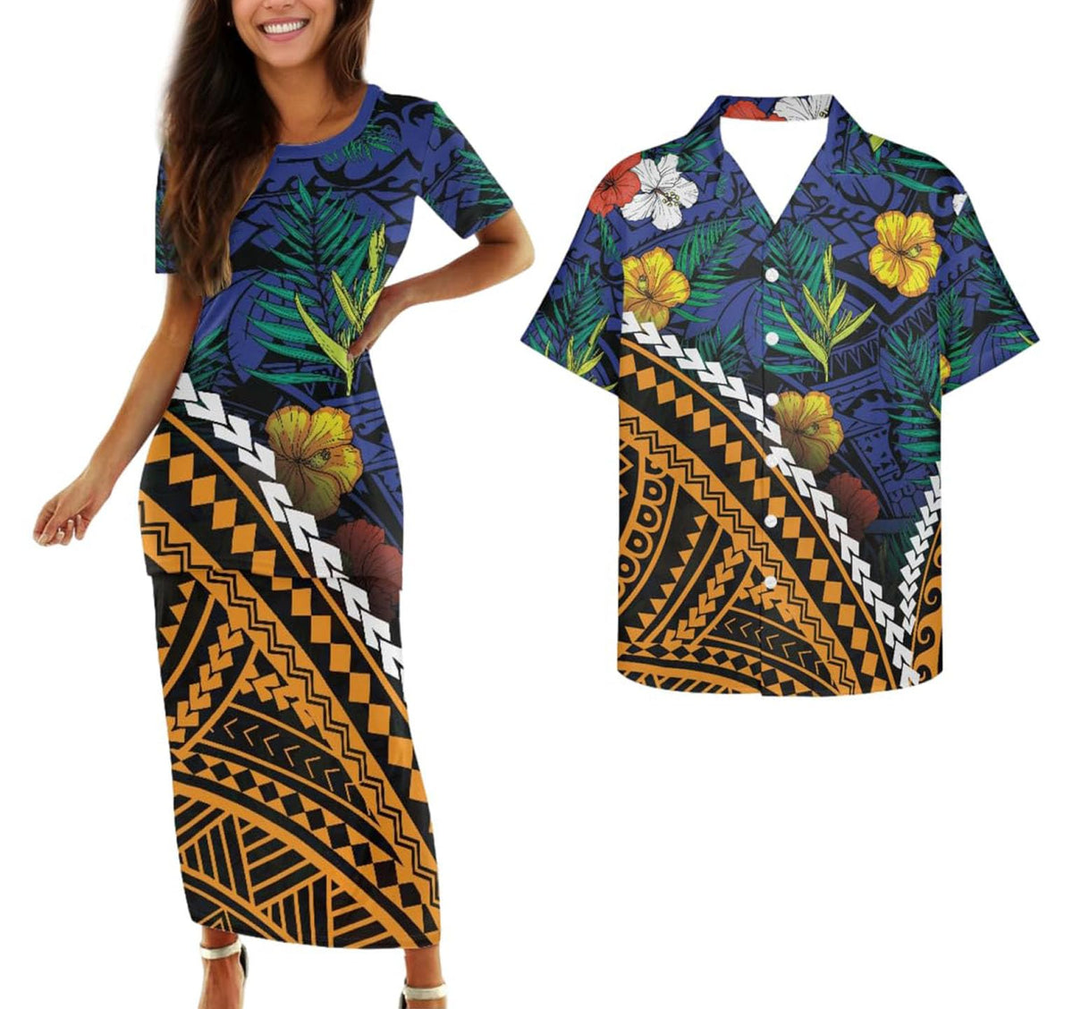 Samoa Couple Outfit Polynesian Dress for Women Traditional Puletasi Shirts for Men Beach Lava Lava Luau
