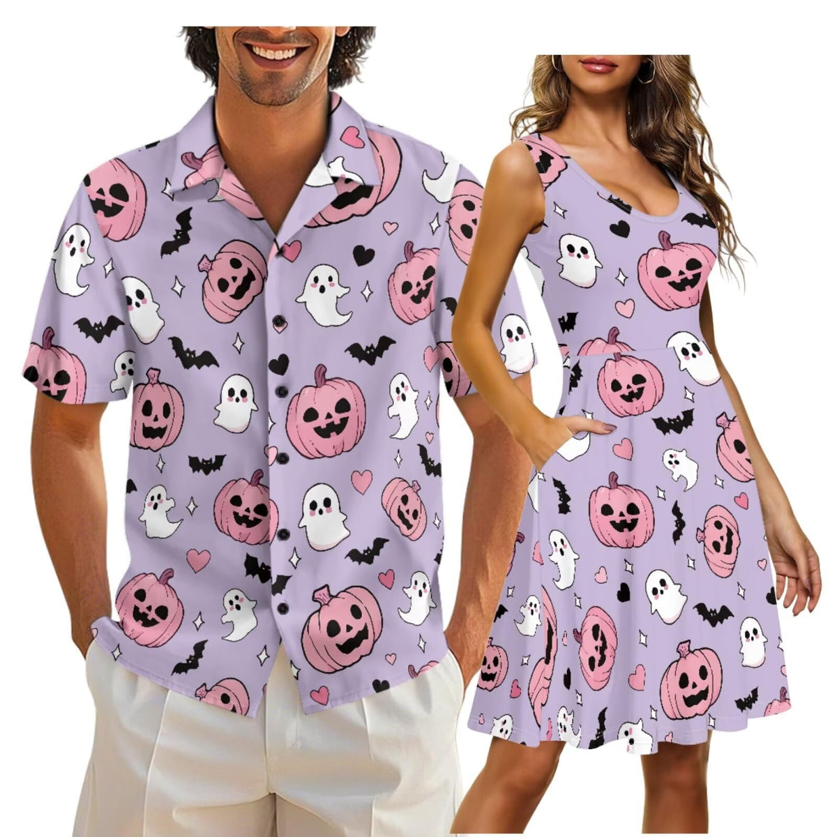 Cozeyat Matching Hawaiian Outfits for Couples Mens Button Up Polos Shirt and Women Sleeveless Sundress with Pockets