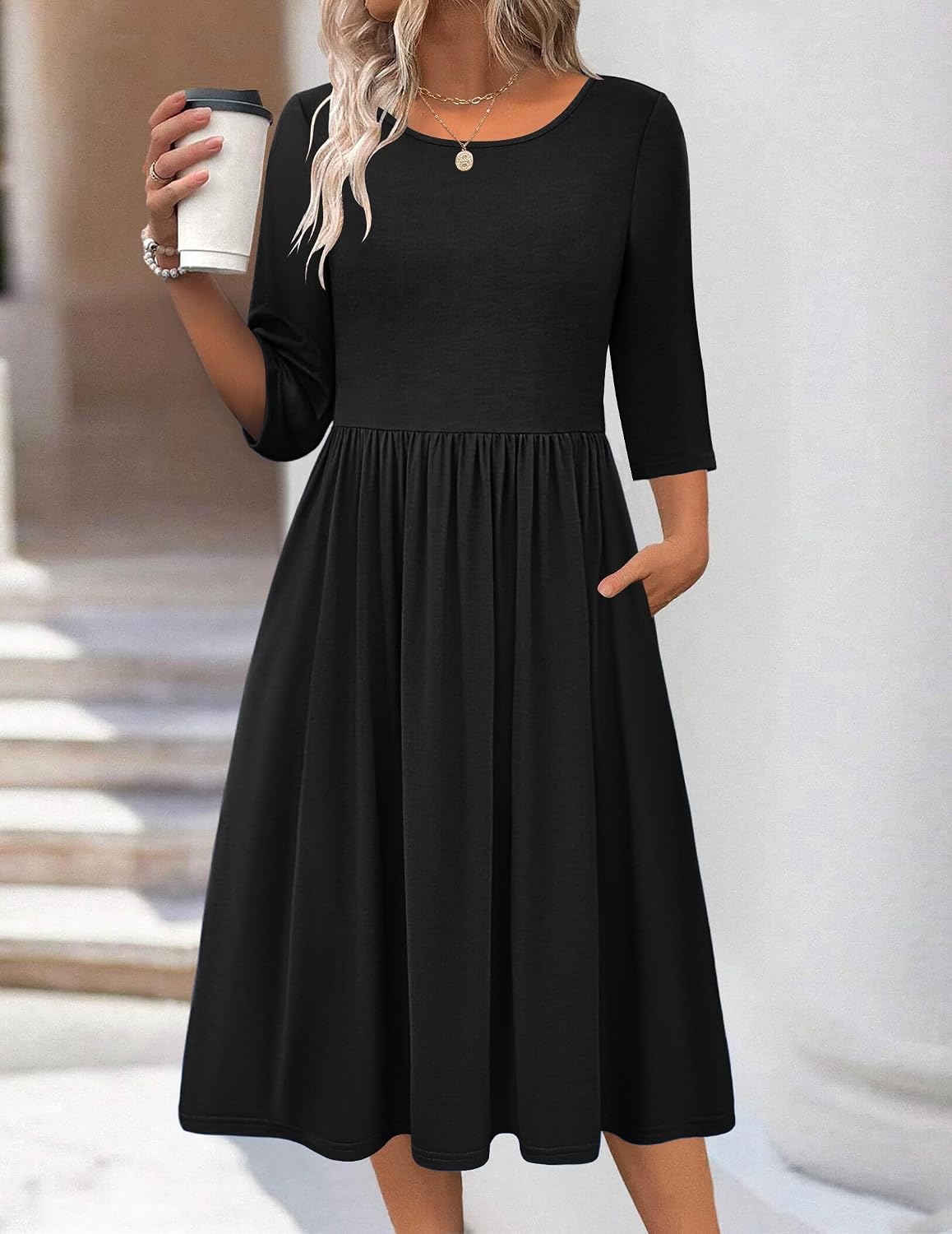 Zeagoo 3/4 Sleeve Women's Dress Casual Aline Summer Fall Midi Long Dresses