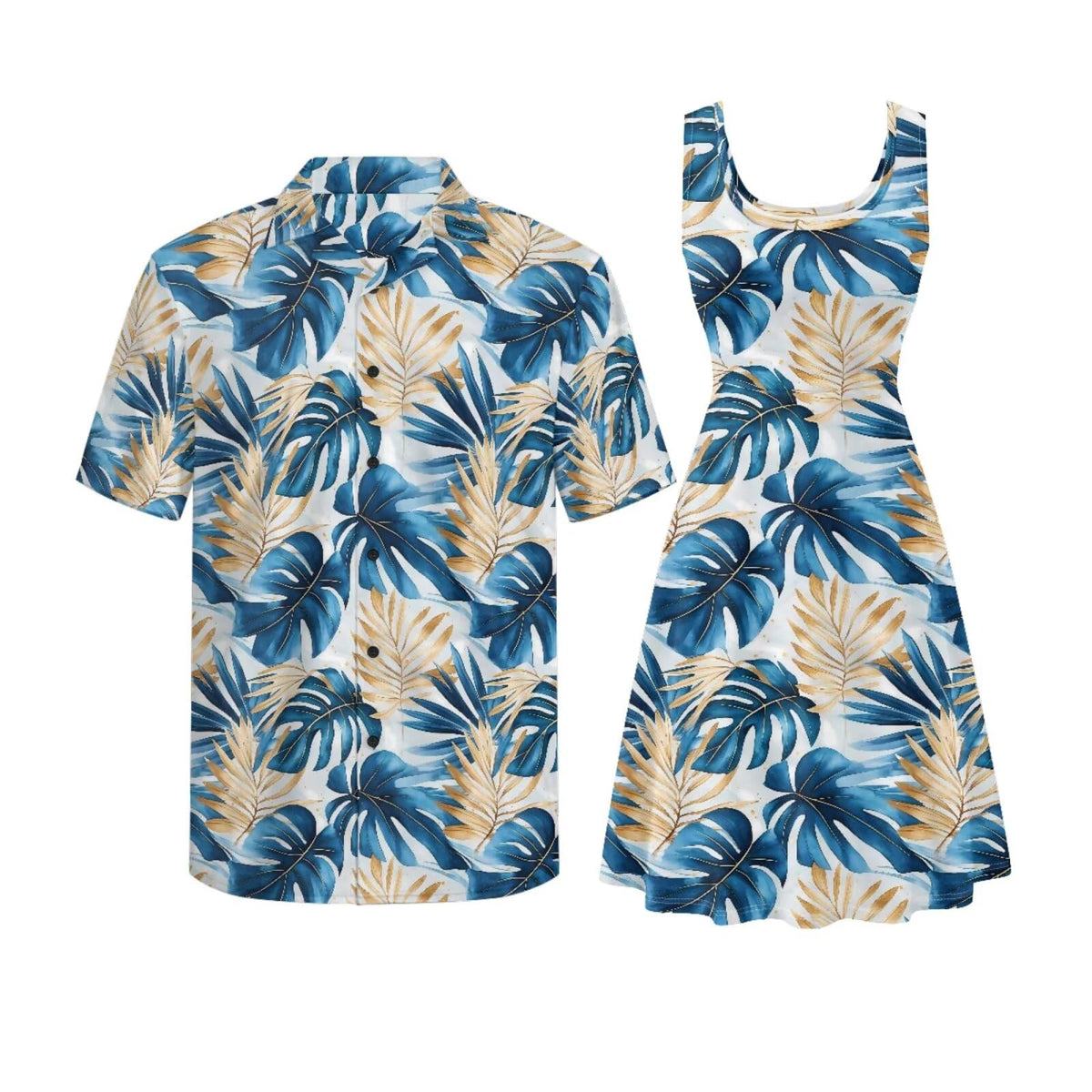 Gomyblomy Matching Hawaiian Outfits for Couples Vacation Tropical Floral Women Dress Mens Shirts His and Hers Clothing
