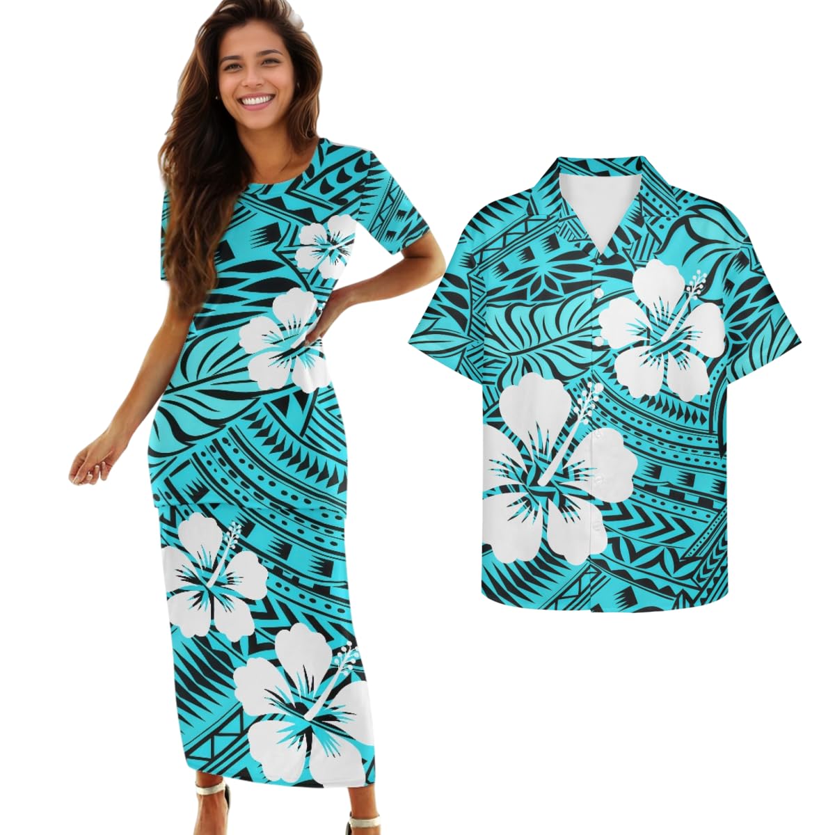 Samoa Couple Outfit Polynesian Dress for Women Traditional Puletasi Shirts for Men Beach Lava Lava Luau