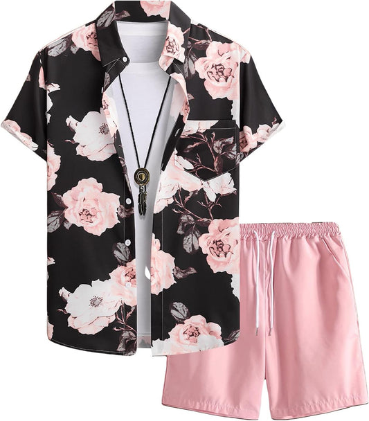 GORGLITTER Men's Beach Cruise Vacation Outfits Floral Shirt and Shorts Sets