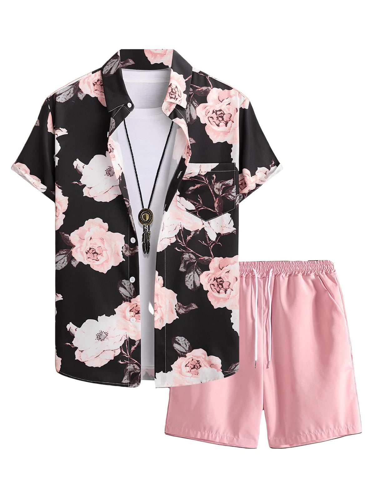 GORGLITTER Men's Beach Cruise Vacation Outfits Floral Shirt and Shorts Sets