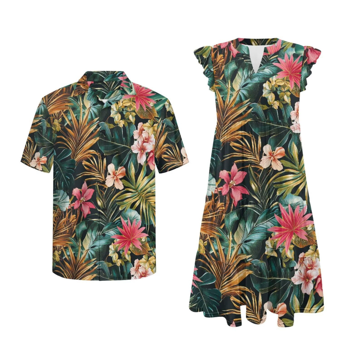 His and Hers Matching Hawaiian Outfits Mens Button Down Shirt Flowy Tiered Midi Dress