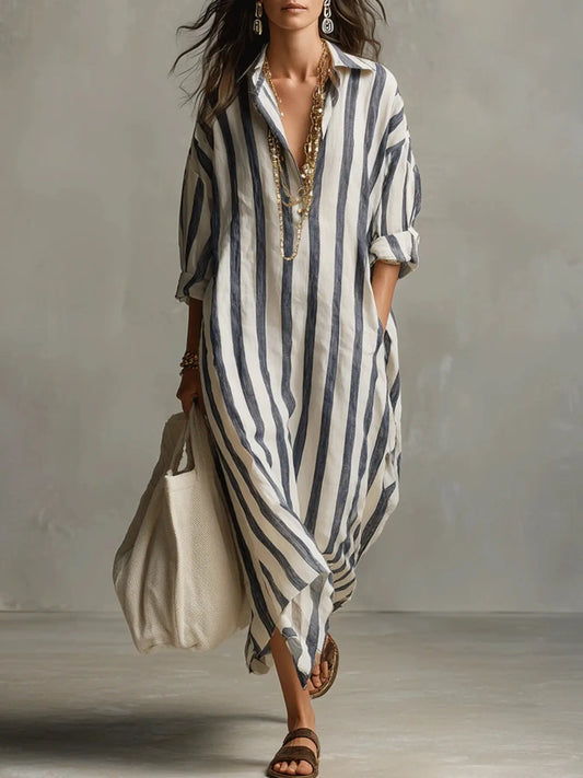 Summer Lightweight Loose Striped Long Shirt Dress, Women's Comfortable Stylish Collared Three-Quarter Sleeve Pocket Dress, Comfortable and Stylish, Casual Comfy Fashion