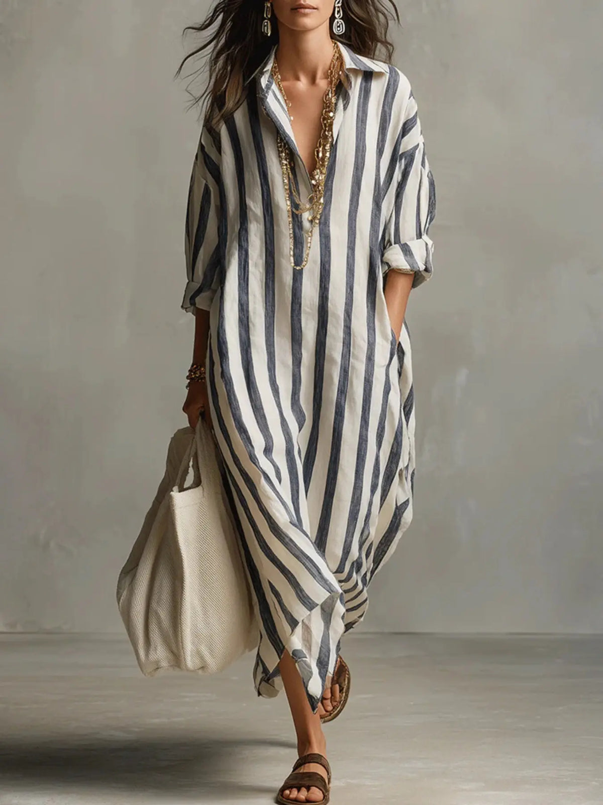 Summer Lightweight Loose Striped Long Shirt Dress, Women's Comfortable Stylish Collared Three-Quarter Sleeve Pocket Dress, Comfortable and Stylish, Casual Comfy Fashion