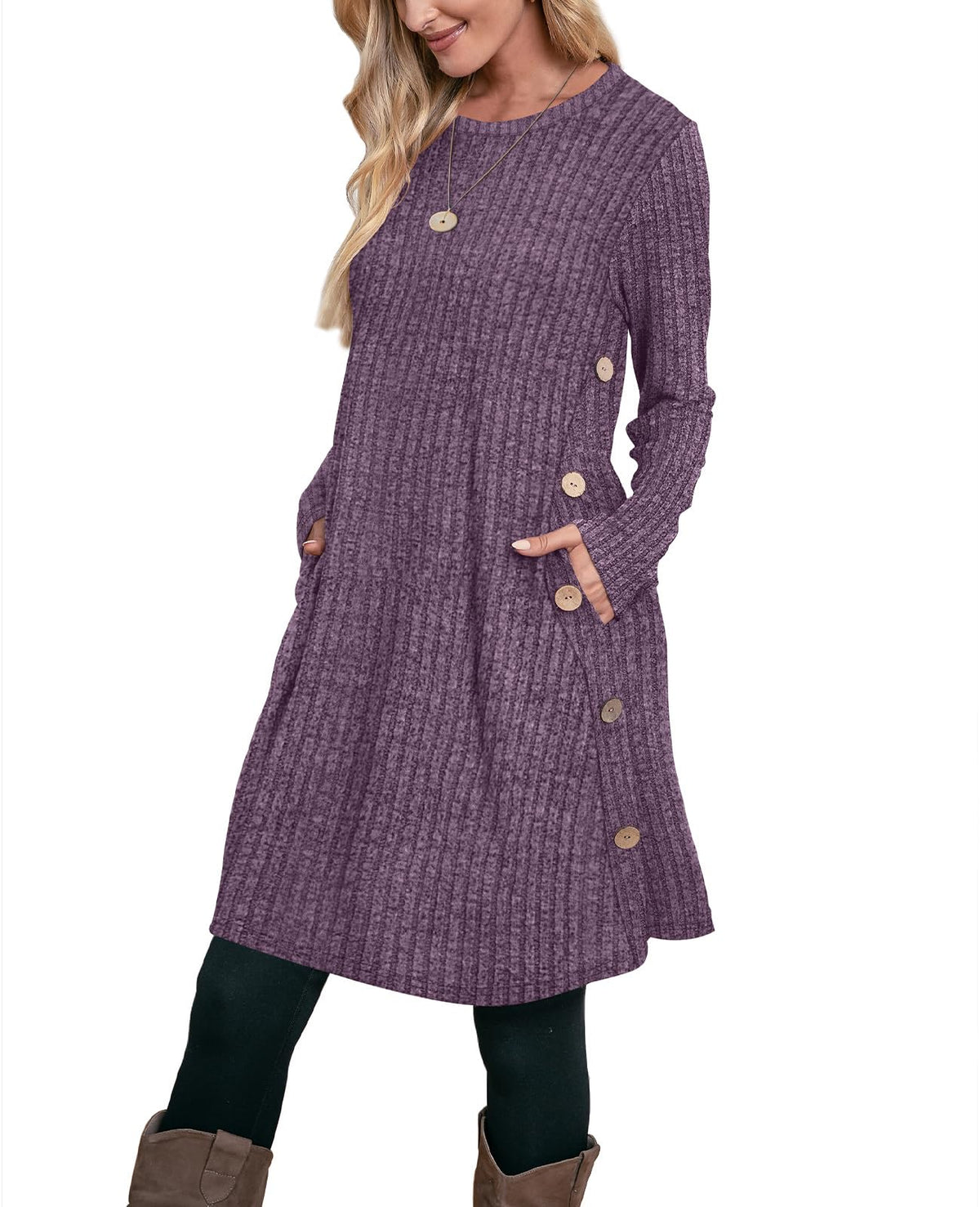 OFEEFAN Fall Dresses for Women 2026 Crew Neck Long Sleeve Dress with Pockets