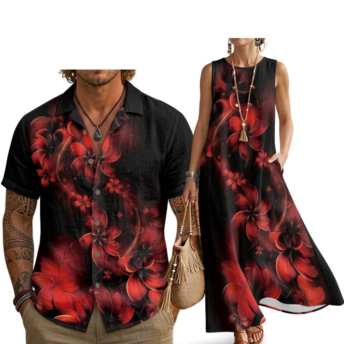 Husband and Wife Clothes Linen Casual Shirt for Men Maxi Dress for Women Summer Dress Matching Vacation Clothes