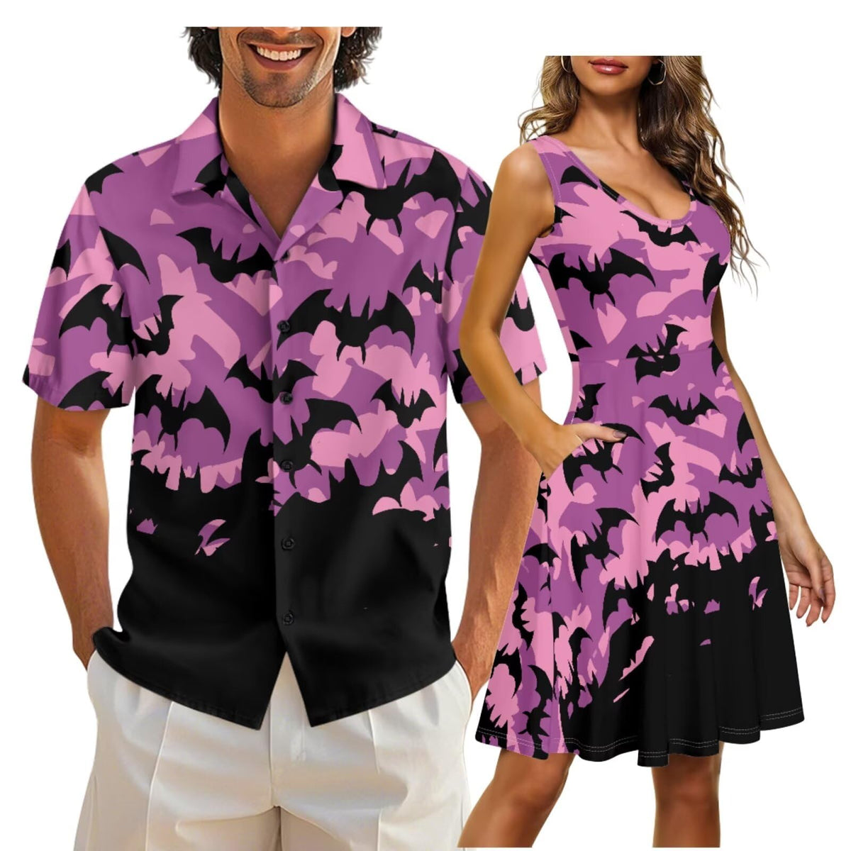 Cozeyat Matching Hawaiian Outfits for Couples Mens Button Up Polos Shirt and Women Sleeveless Sundress with Pockets