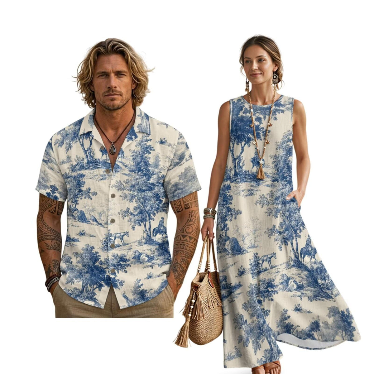 Women's Summer Dresses Sleeveless Sundresses, Men's Button Down Short Sleeve Shirts, Linen Couple Matching Outfits