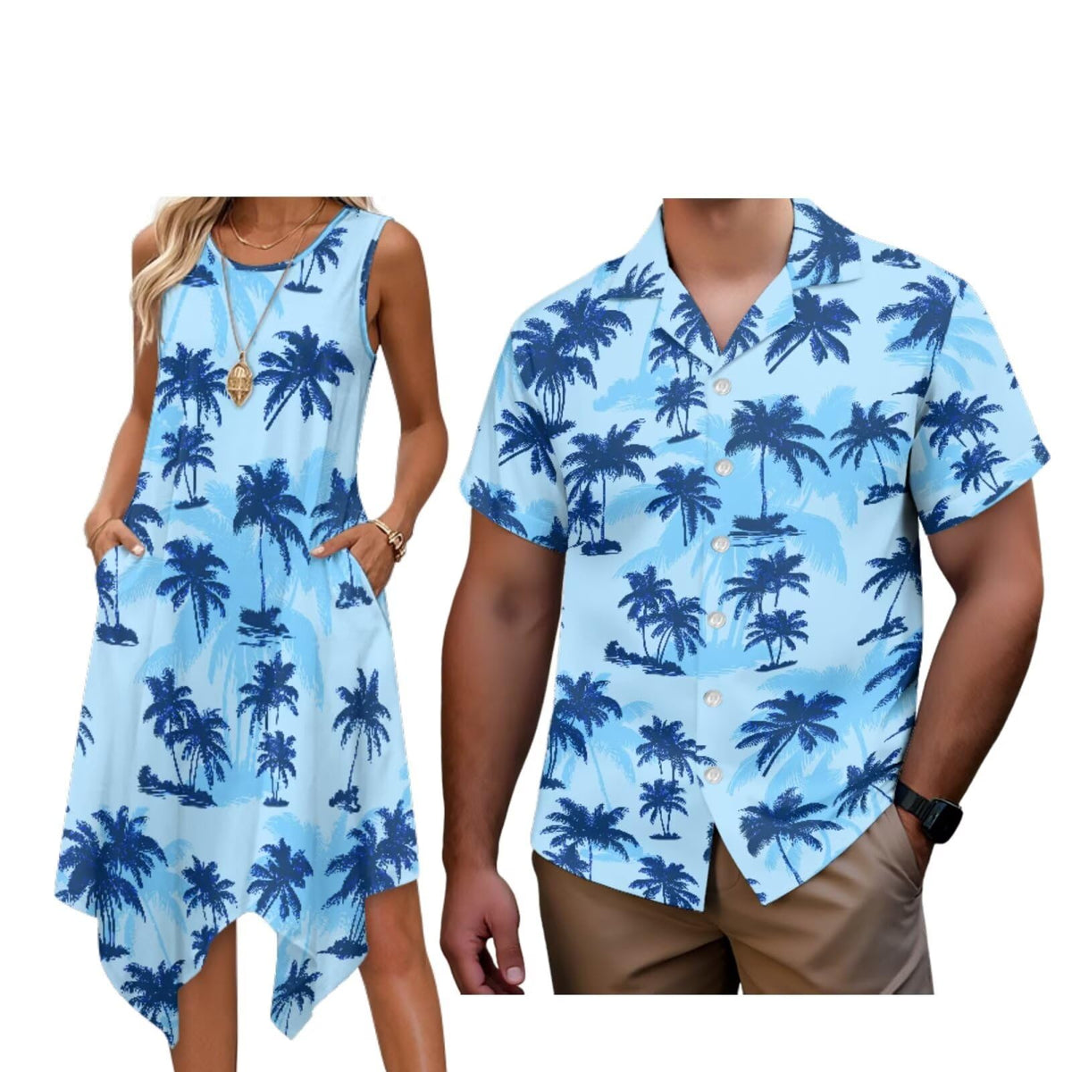 Matching Hawaiian Outfits for Couples Womens Asymmetrical Midi Dress Mens Beach Shirts Short Sleeve Button Up Shirt