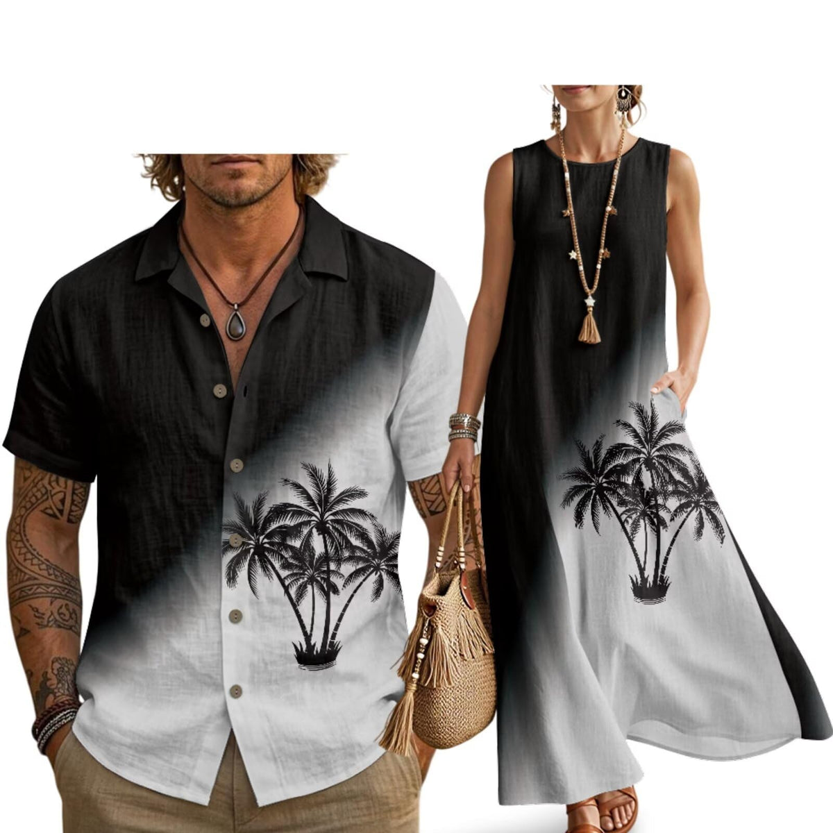 Husband and Wife Clothes Linen Casual Shirt for Men Maxi Dress for Women Summer Dress Matching Vacation Clothes