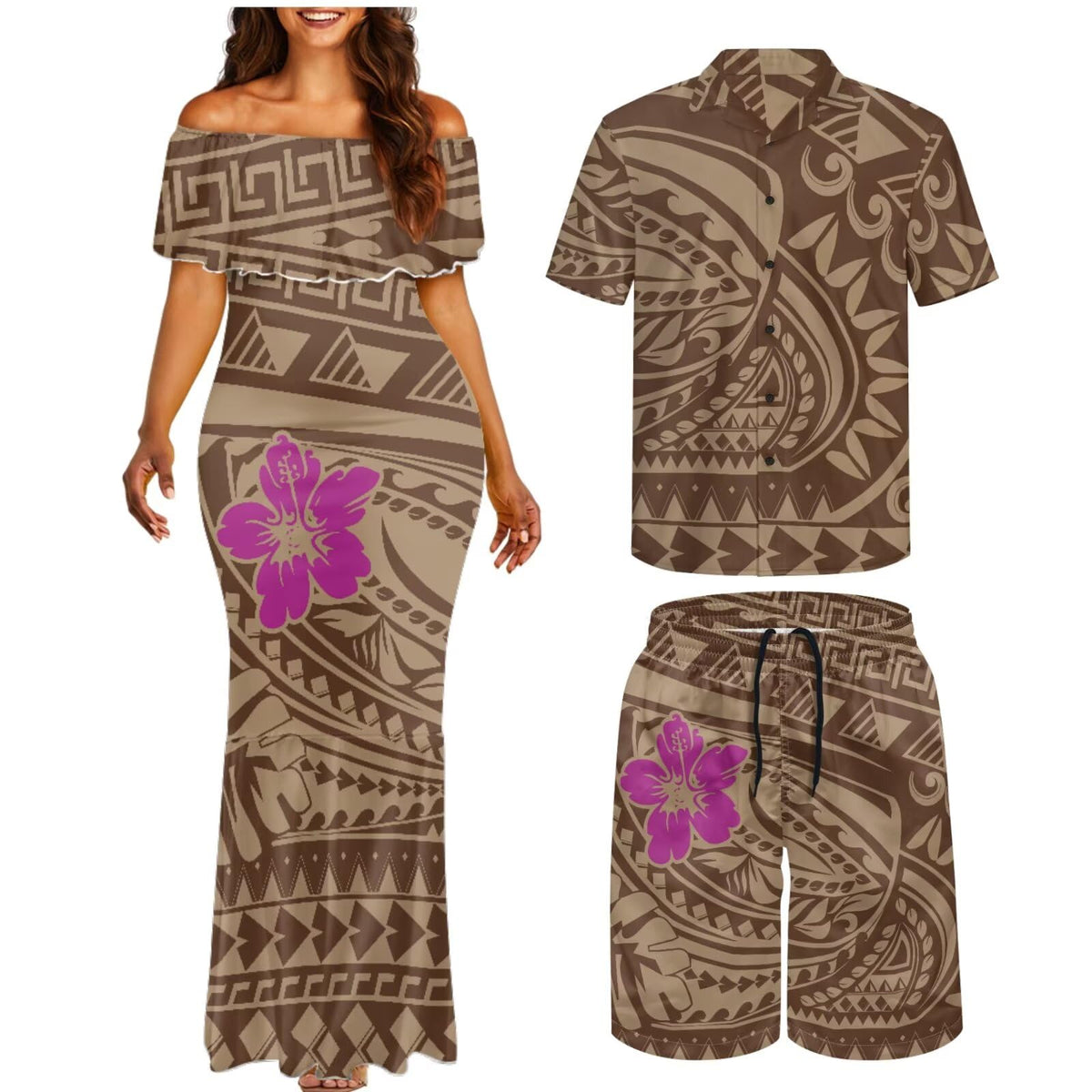 Matchable Couple Hawaiian Polynesian Puletasi Samoa Womens Dress with Mens Shirt and Mens Shorts Couple Set
