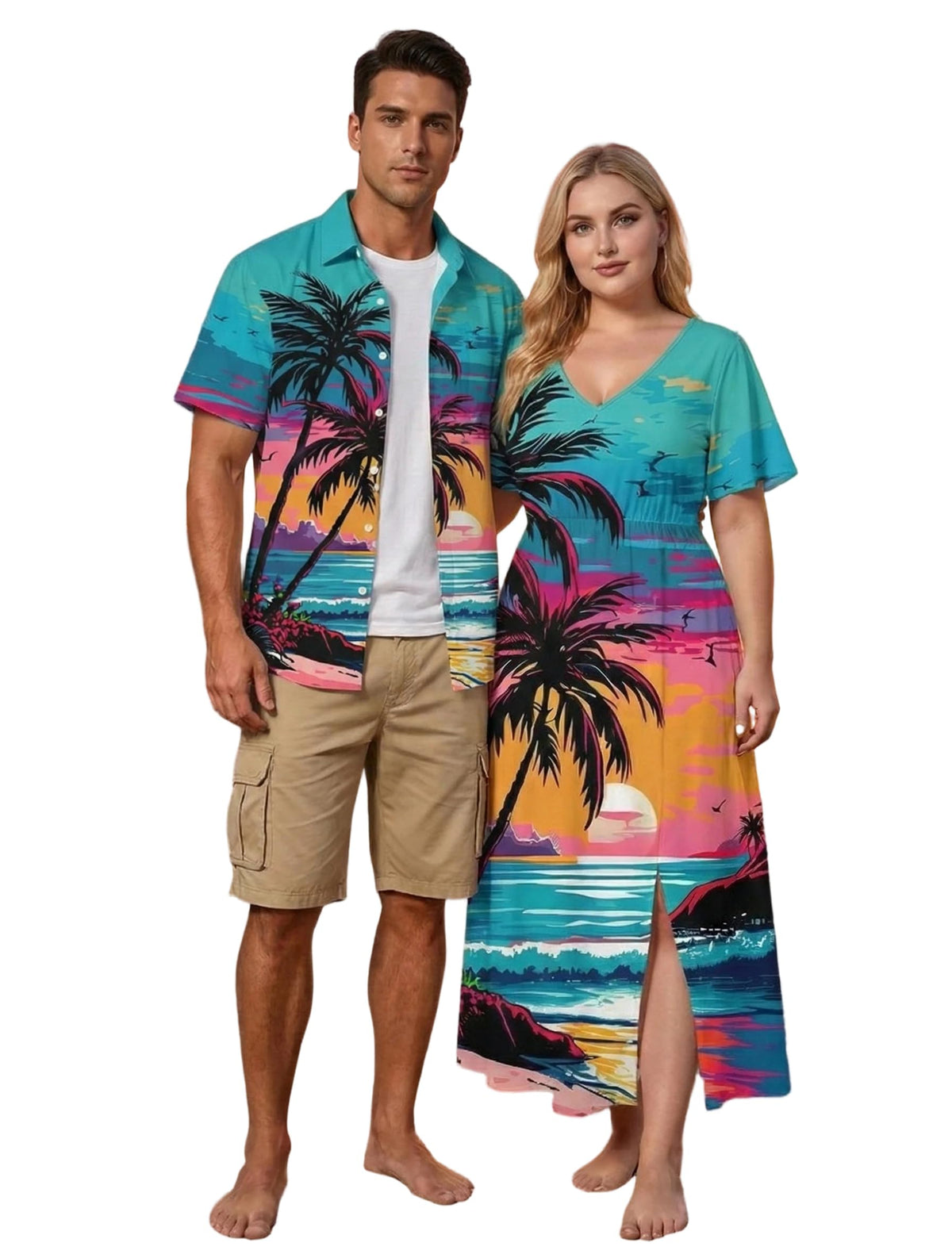Matchable Couple Hawaiian Sea Beach Starfish Turtle Shell Print Shirt or Plus Size Midi Split A Line Dress