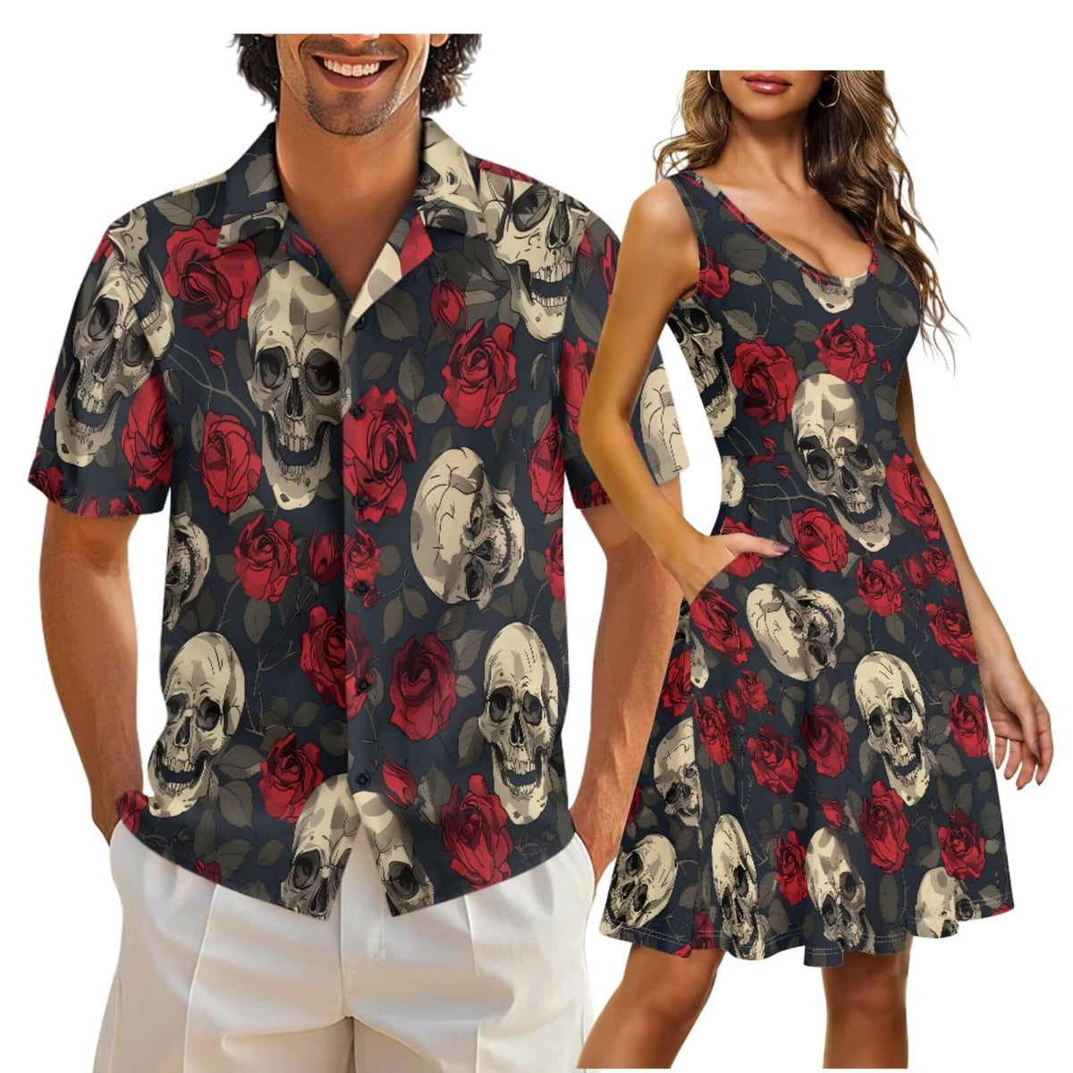 Cozeyat Matching Hawaiian Outfits for Couples Mens Button Up Polos Shirt and Women Sleeveless Sundress with Pockets