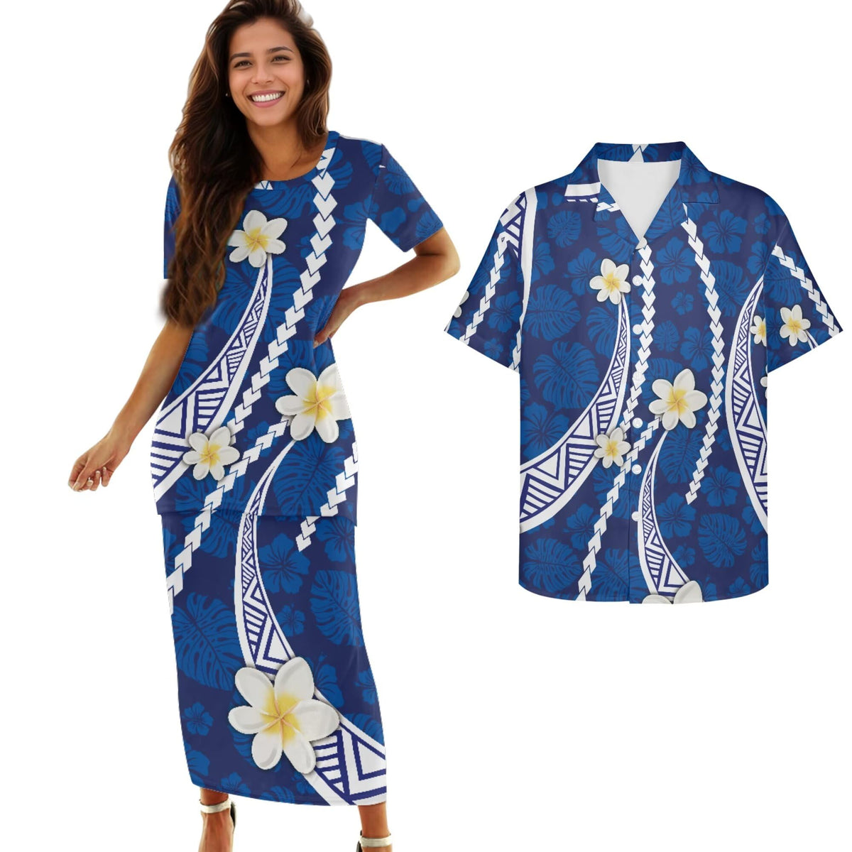 Samoa Couple Outfit Polynesian Dress for Women Traditional Puletasi Shirts for Men Beach Lava Lava Luau