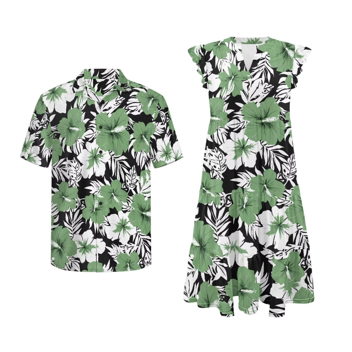 His and Hers Matching Hawaiian Outfits Mens Button Down Shirt Flowy Tiered Midi Dress