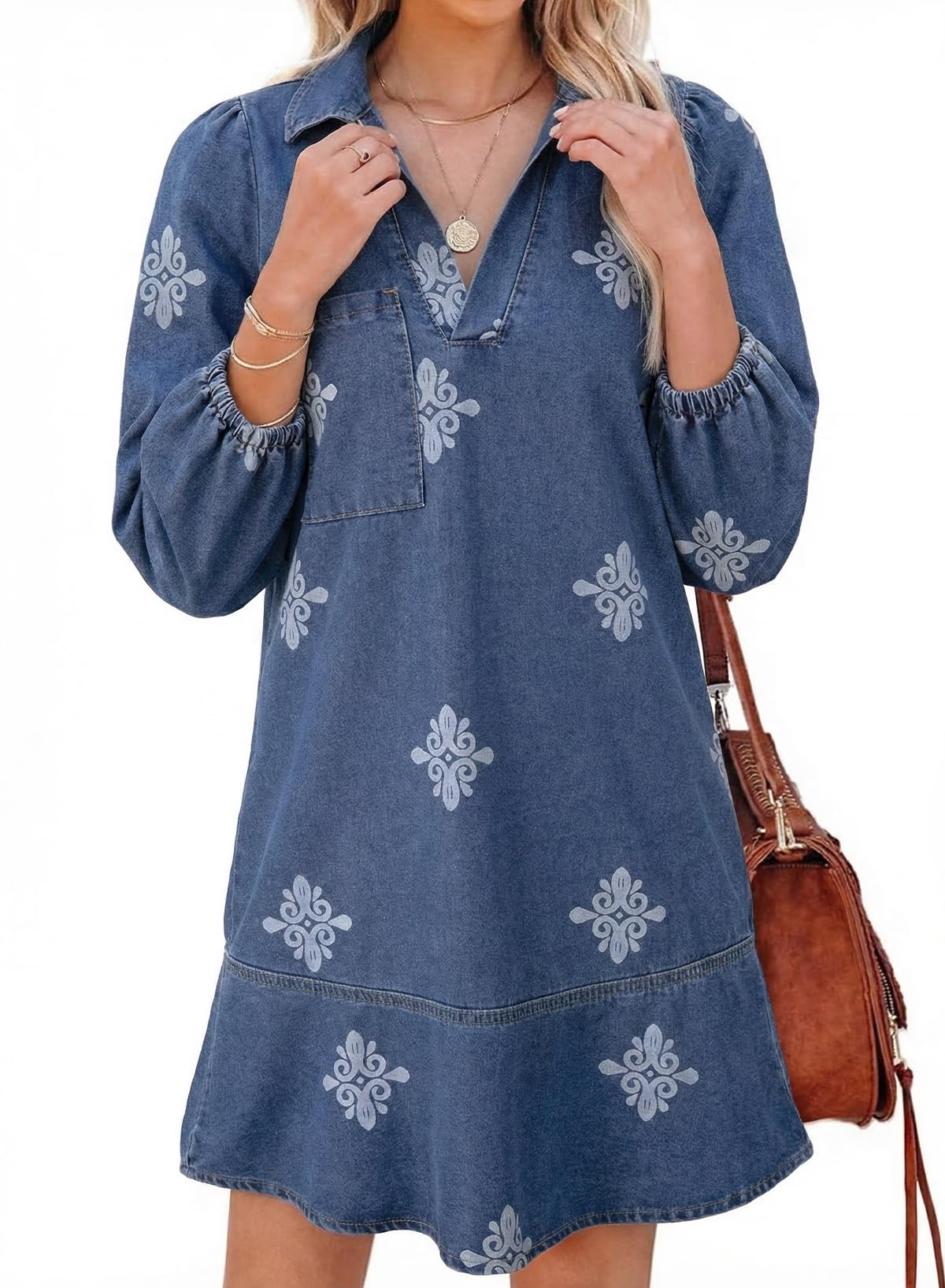 Dokotoo Denim Dress for Women Fall 3/4 Puff Sleeve Babydoll Jean Dress