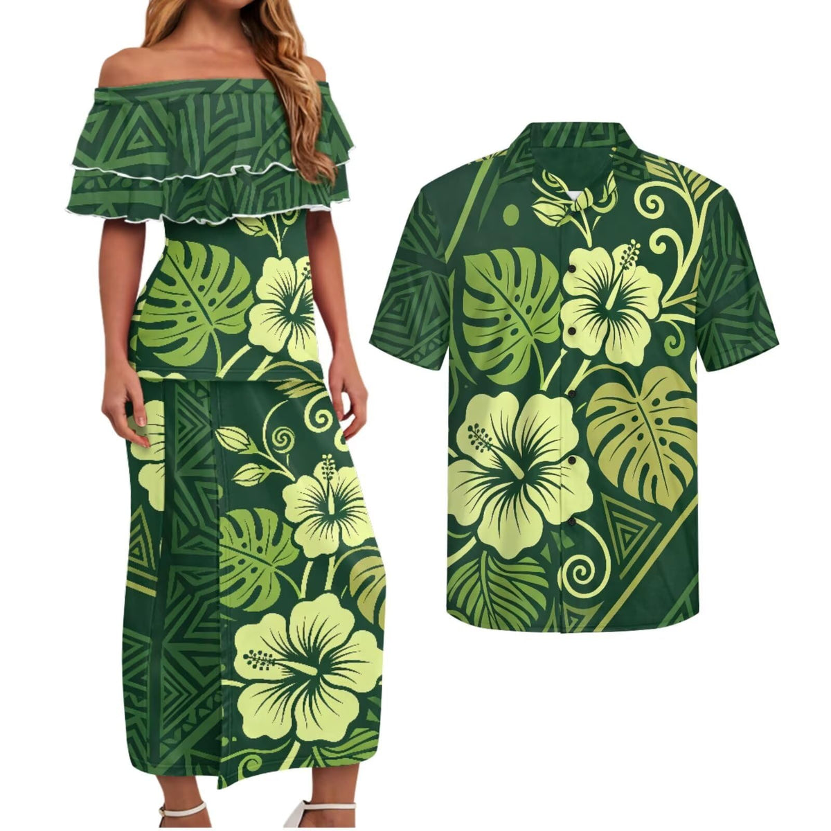 Polynesian Couples Matching Outfits Short Sleeve Puletsai Samoan Traditional Dress & Man Shirts