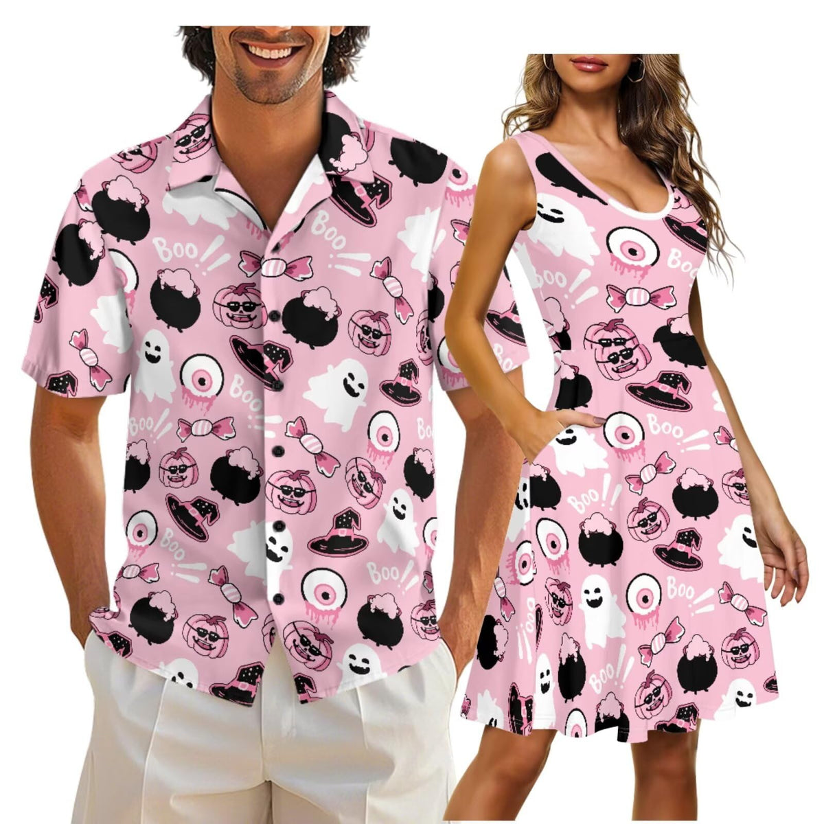 Cozeyat Matching Hawaiian Outfits for Couples Mens Button Up Polos Shirt and Women Sleeveless Sundress with Pockets