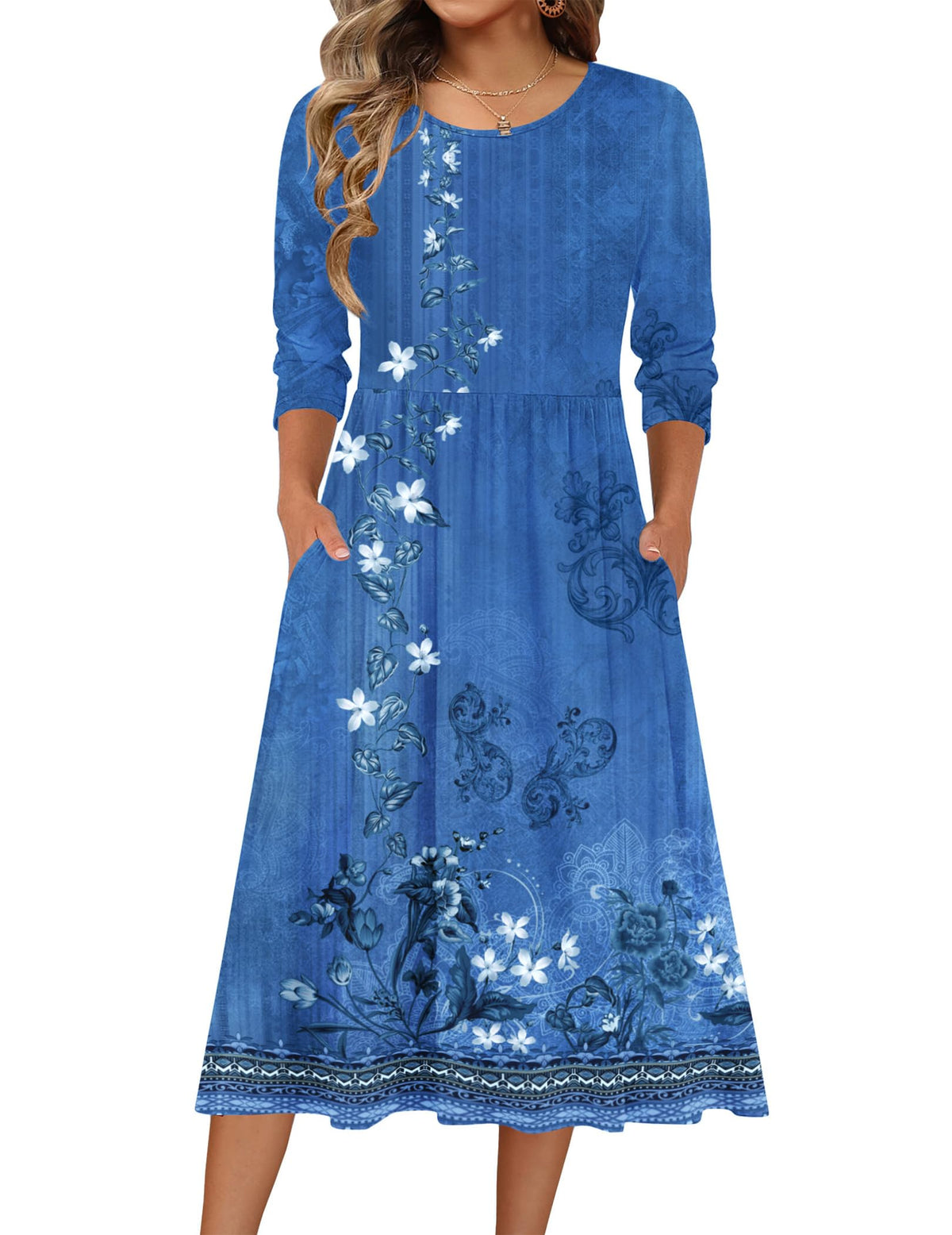 Zeagoo 3/4 Sleeve Women's Dress Casual Aline Summer Fall Midi Long Dresses