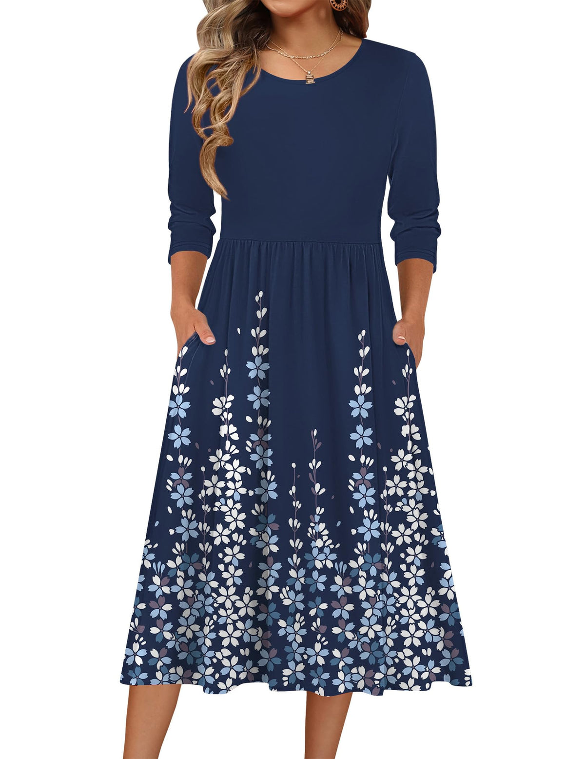 Zeagoo 3/4 Sleeve Women's Dress Casual Aline Summer Fall Midi Long Dresses
