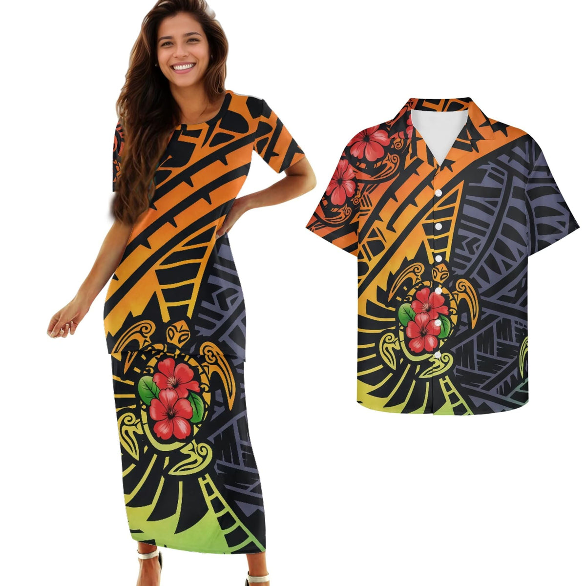 Samoa Couple Outfit Polynesian Dress for Women Traditional Puletasi Shirts for Men Beach Lava Lava Luau