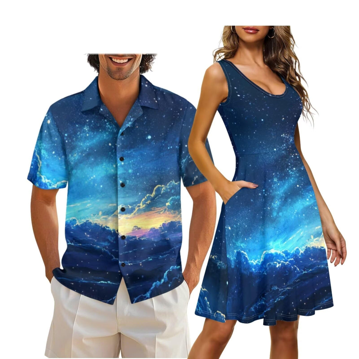 Cozeyat Matching Hawaiian Outfits for Couples Mens Button Up Polos Shirt and Women Sleeveless Sundress with Pockets