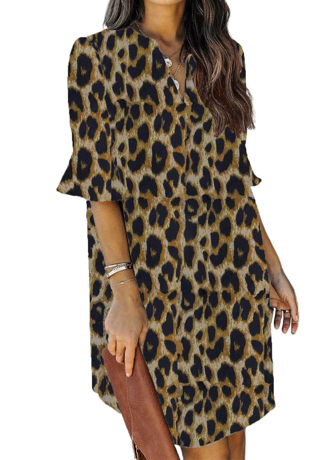 QACOHU Summer Dresses for Women V Neck Ruffle Short Sleeve Shift Dress