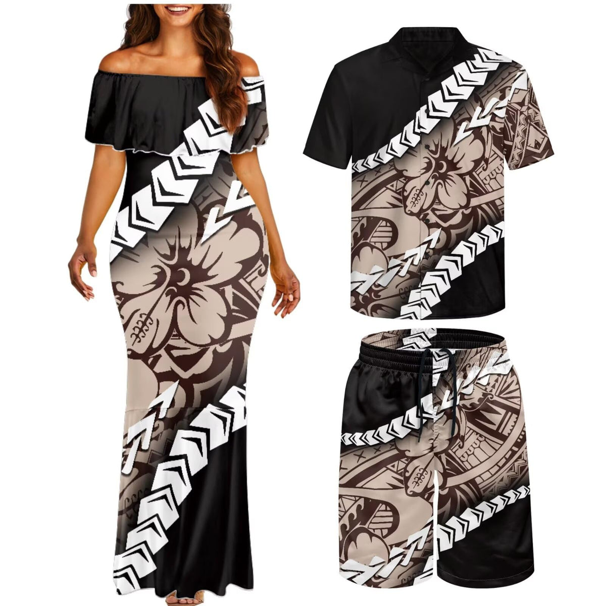Matchable Couple Hawaiian Polynesian Puletasi Samoa Womens Dress with Mens Shirt and Mens Shorts Couple Set