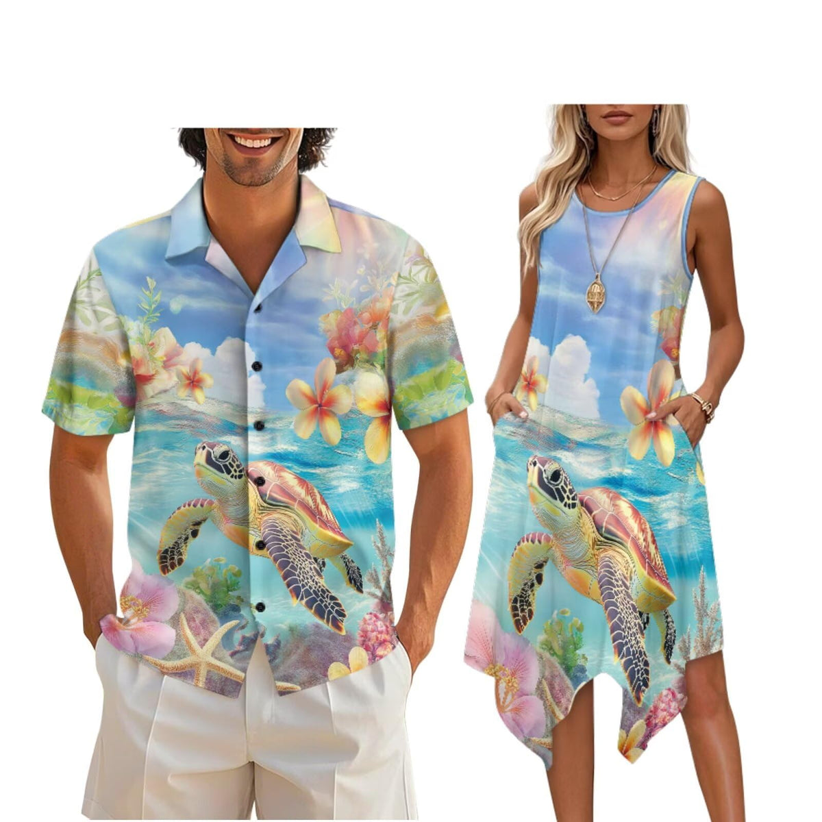 doginthehole Matching Hawaiian Outfits for Couples Men's Button Down Shirt Sleeveless Sundresses Summer Dress for Women