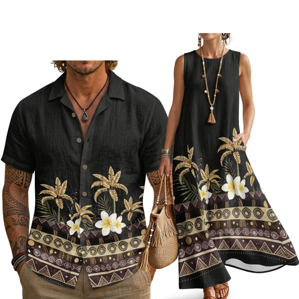 Husband and Wife Clothes Linen Casual Shirt for Men Maxi Dress for Women Summer Dress Matching Vacation Clothes