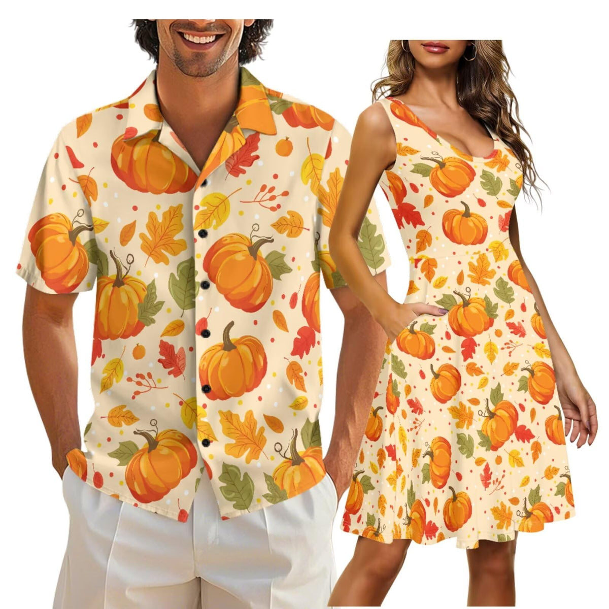 Gomyblomy Matching Hawaiian Outfits for Couples Vacation Tropical Floral Women Dress Mens Shirts His and Hers Clothing